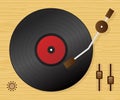 DJ playing vinyl. Top view. DJ Interface workspace mixer console turntables. Vector illustration. Royalty Free Stock Photo